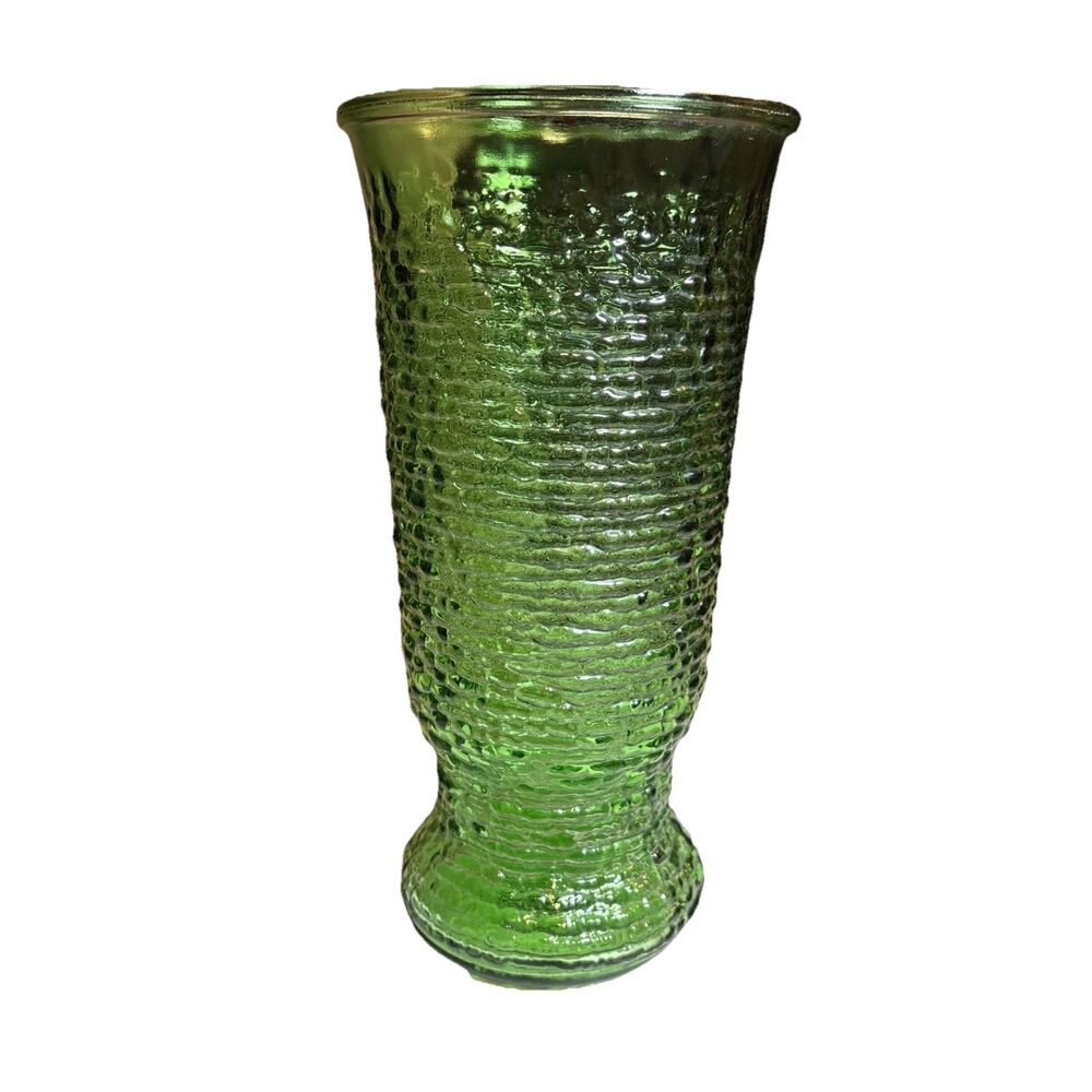 Vintage NAPCO Emerald Forest Green Hoosier Crinkle Glass Vase MCM 9.5 USA